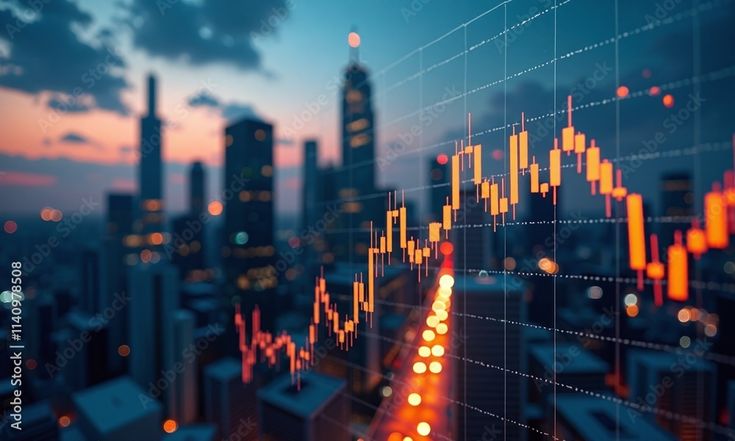 Financial district cityscape stock market chart overlay candlestick Stock Photo