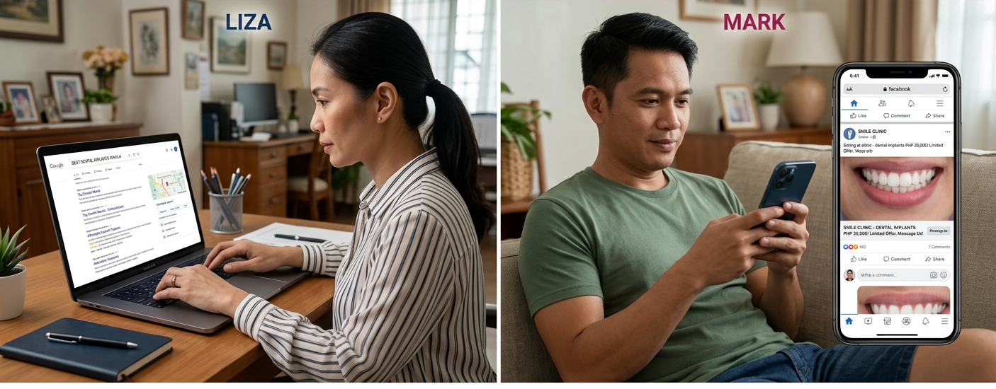 Google Ads vs Facebook Ads for dental practices — search intent vs social demand generation
