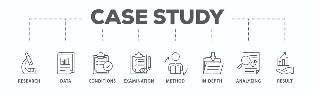 Case study banner web icon vector illustration showing marketing results and performance concept