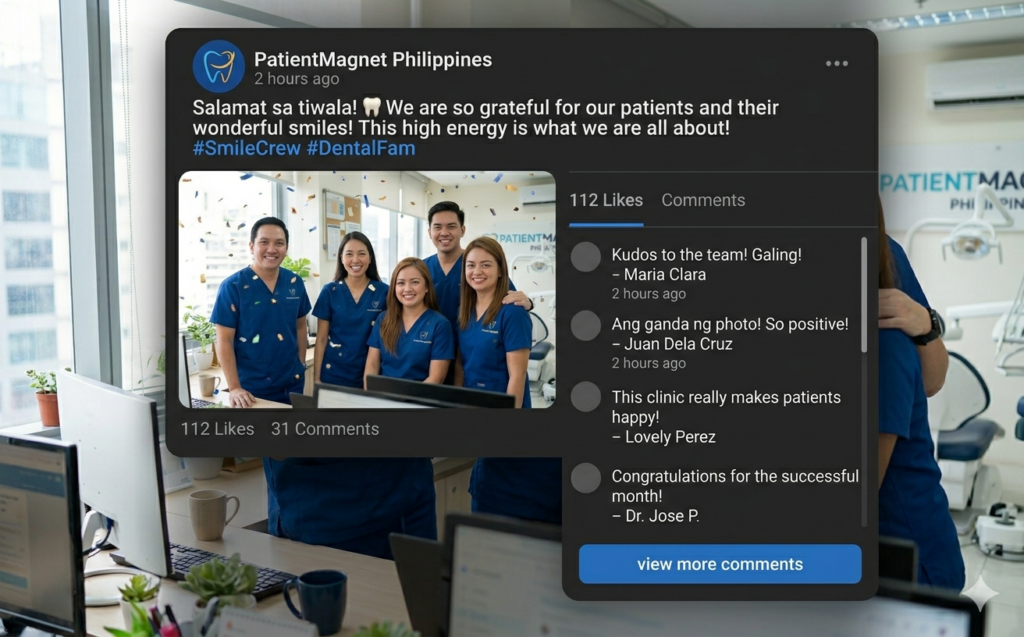 Dental practice post with 100+ likes and comments showing real social proof